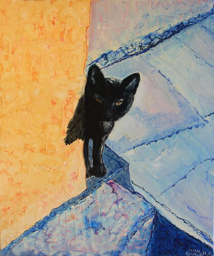 “Black cat in the City” , pets, animals, architecture van Nataliia Krykun, Schilderij te koop op Singulart