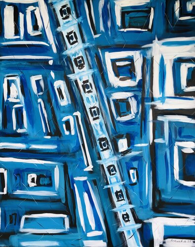 “Blue mountains” geometric abstraction by Nataliia Krykun, 油畫 for Sale on Singulart