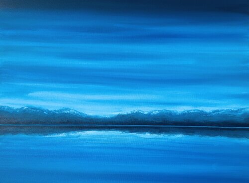 „Blausee - Bergsee“, navy semi abstraction, impressions minimalism seascape par Nataliia Krykun, Peinture en vente sur Singulart