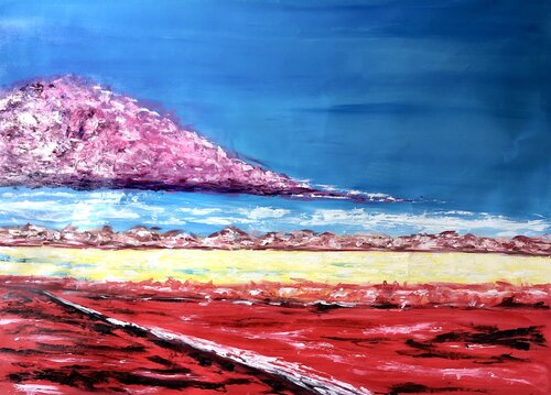 „Blue seascape, cloud, mountains“ , pink landscape par Nataliia Krykun, Peinture en vente sur Singulart