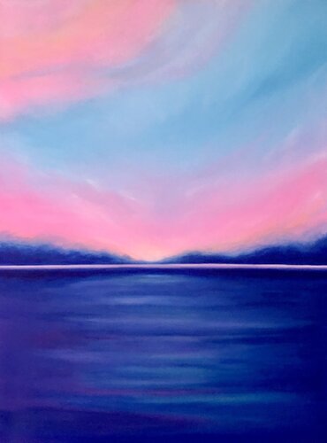 “Sunset on the sea” - pink, rosa, blue minimalism seascape di Nataliia Krykun, Pittura in vendita su Singulart