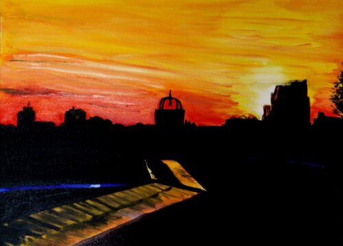 "Sunset in the city" - orange black urban landscape Nataliia Krykun