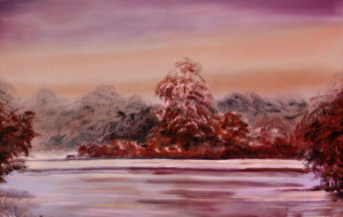 «Pink seascape“ - minimalism semi-abstraction orange landscape, Peach Fuzz par Nataliia Krykun, Peinture en vente sur Singulart