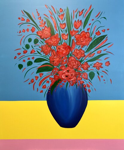 A bouquet of red flowers in a vase di Nataliia Krykun, Pittura in vendita su Singulart