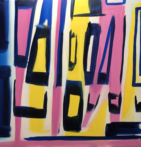 Colorful wreath - blue, yellow, pink, white geometric abstraction par Nataliia Krykun, Peinture en vente sur Singulart