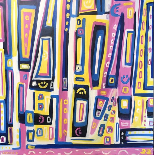 Funny emoticons - blue, yellow, pink, white geometric abstraction Nataliia Krykun