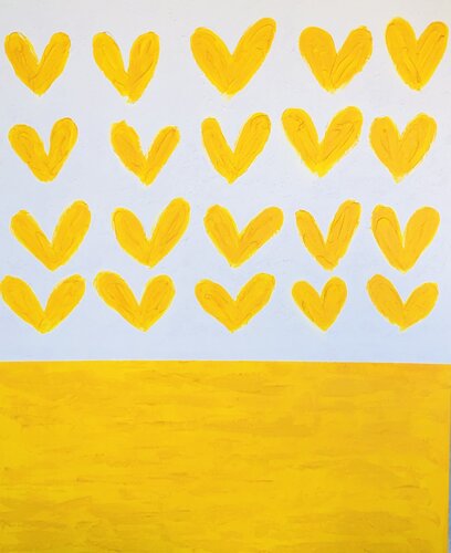 „Yellow hearts are filled with love“ - 3d textured minimalist abstraction Pop Art di Nataliia Krykun, Pittura in vendita su Singulart