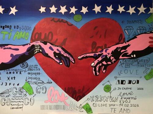 Creation of Adam - Love, Amour, Amore, hands and heart, street art, graffiti, inspired by Michelangelo di Nataliia Krykun, Pittura in vendita su Singulart