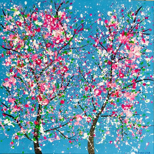 “Cherry blossom” flowers, spring blue, pink van Nataliia Krykun, Schilderij te koop op Singulart
