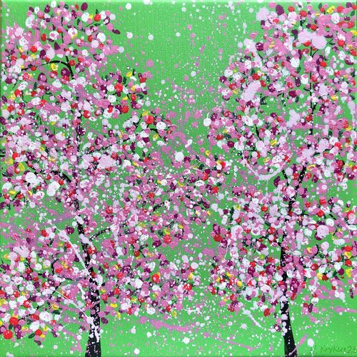 “Cherry blossom green” flowers, spring green, pink, dripping di Nataliia Krykun, Pittura in vendita su Singulart