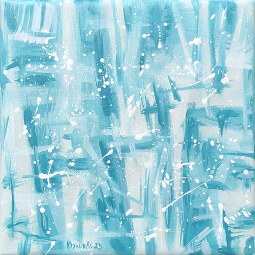 „Blue seascape“ - blue , white, turquoise geometric abstraction, dropping van Nataliia Krykun, Schilderij te koop op Singulart