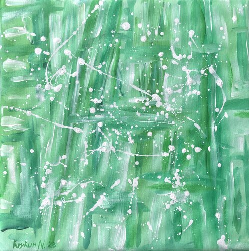 „Green leaves“ - green, white geometric abstraction, dropping by Nataliia Krykun, 油畫 for Sale on Singulart