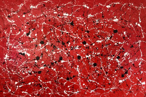 "Infinite Flight" series, red, white, black large abstraction, drops, expressionism dropping inspired by Jackson Pollock von Nataliia Krykun, Malerei kaufen auf Singulart