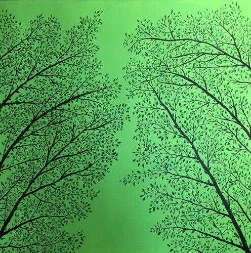 "Spring Awakening" green garden leaves, branches, forest, sky, soothing landscape di Nataliia Krykun, Pittura in vendita su Singulart