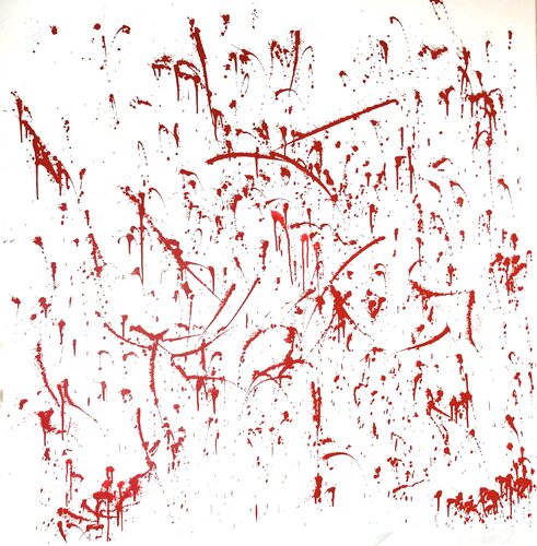 "Blooming tulips" is a large abstract expressionism painting, red flowers on white Nataliia Krykun