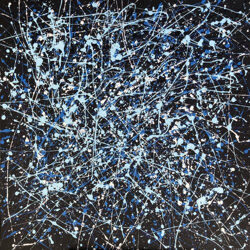 From the series "Infinite Flight" blue, navy, white, black large abstraction, drops, expressionism dropping inspired by Jackson Pollock van Nataliia Krykun, Schilderij te koop op Singulart