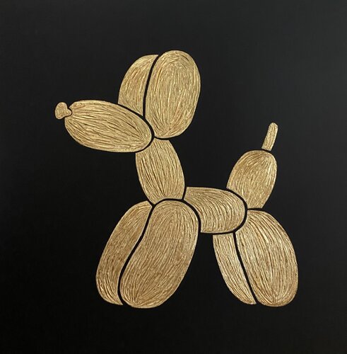 “Not a balloon dog” - gold 3d textured minimalistic animal inspired by Jeff Koons, gilding Nataliia Krykun