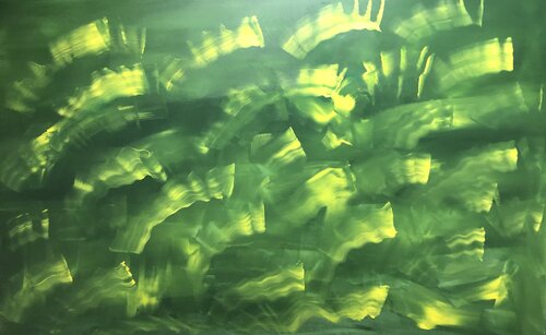 "Song of the Green Forest" green, yellow expressive abstract minimalism nature Nataliia Krykun