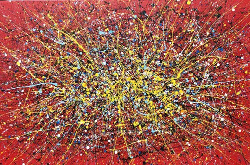 From the series "Infinite Flight" love, red, white, yellow large abstraction, drops, expressionism dropping inspired by Jackson Pollock de Nataliia Krykun, Pintura a la venta en Singulart