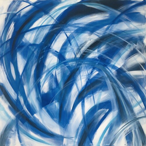 "Blue waves in the ocean" - calm navy seascape, water, sky di Nataliia Krykun, Pittura in vendita su Singulart