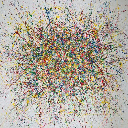 From the series "Infinite Flight" yellow, blue, pink, white, colourful large abstraction, drops, expressionism dropping Nataliia Krykun