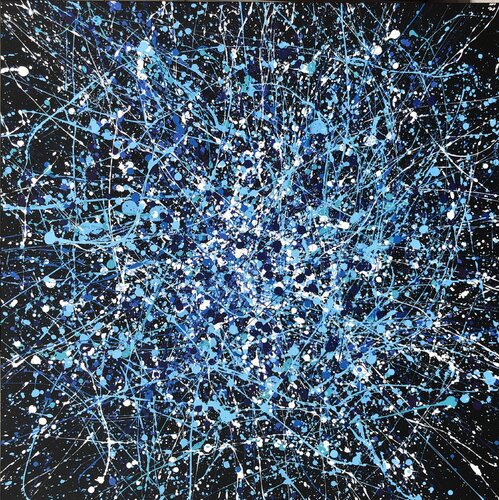 From the series "Infinite Flight" blue, navy, white, black large abstraction, drops, expressionism dropping inspired by Jackson Pollock by Nataliia Krykun, 油畫 for Sale on Singulart