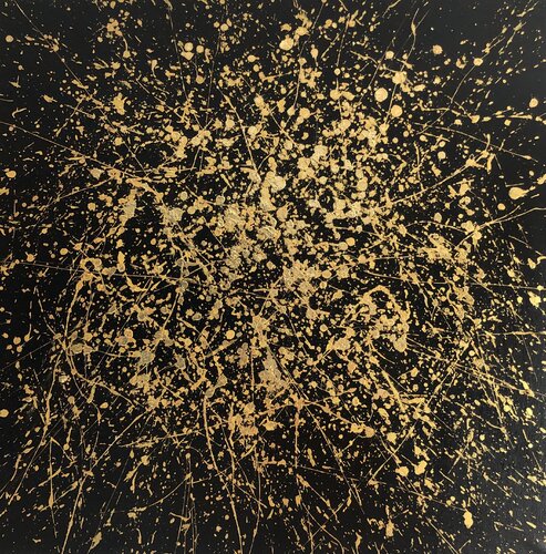 From the series "Infinite Flight" gold, yellow, black large abstraction, drops, expressionism dropping di Nataliia Krykun, Pittura in vendita su Singulart