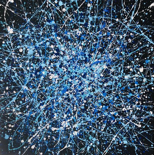 From the series "Infinite Flight" blue, navy, white, black large abstraction, drops, expressionism dropping inspired by Jackson Pollock de Nataliia Krykun, Pintura a la venta en Singulart