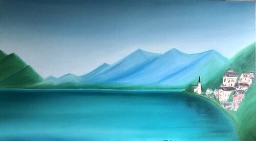 „Hallstatt am Hallstätter See“ Austria, mountains seascape, water, architecture di Nataliia Krykun, Pittura in vendita su Singulart