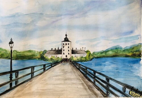“Schloss Ort Insel, Traunsee” - Austria, Gmunden, seascape, Mountains-seascape, water, sky, architecture par Nataliia Krykun, Œuvre sur papier en vente sur Singulart