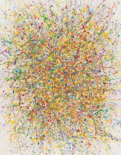 From the series "Infinite Flightt" yellow, blue, pink, white, colourful large abstraction, drops, expressionism dropping par Nataliia Krykun, Peinture en vente sur Singulart