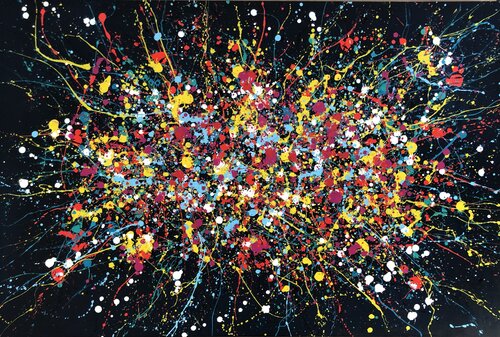 From the series "Infinite Flight" yellow, blue, red, navy, white, colourful large abstraction, drops, expressionism dropping van Nataliia Krykun, Schilderij te koop op Singulart