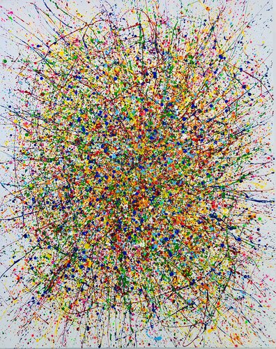 From the series "Infinite Flight" yellow, blue, pink, white, colourful large abstraction, drops, expressionism dropping von Nataliia Krykun, Malerei kaufen auf Singulart