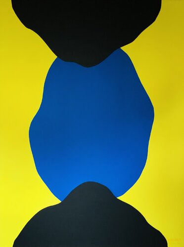 „Peaceful sky“ - inspired by the colors of the Ukrainian flag, geometric round minimalism abstraction van Nataliia Krykun, Schilderij te koop op Singulart