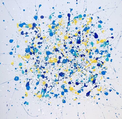 From the series "Infinite Flightt" yellow, blue, pink, white, colourful large abstraction, drops, expressionism dropping di Nataliia Krykun, Pittura in vendita su Singulart