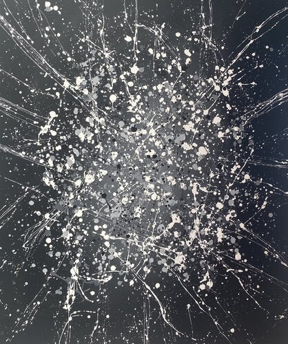 From the series "Infinite Flight" yellow, blue, red, navy, white, colourful large abstraction, drops, expressionism dropping von Nataliia Krykun, Malerei kaufen auf Singulart