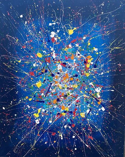 Blue seascape, water from the series "Infinite Flight" yellow, blue, red, navy, white, colourful large abstraction, drops, expressionism dropping van Nataliia Krykun, Schilderij te koop op Singulart