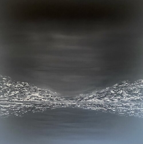 „Sunset on the lake“ 2562023, abstract minimalist landscape, mountain van Nataliia Krykun, Schilderij te koop op Singulart