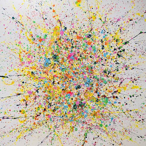 From the series "Infinite Flight" yellow, blue, pink, white, colourful large abstraction, drops, expressionism dropping Nataliia Krykun