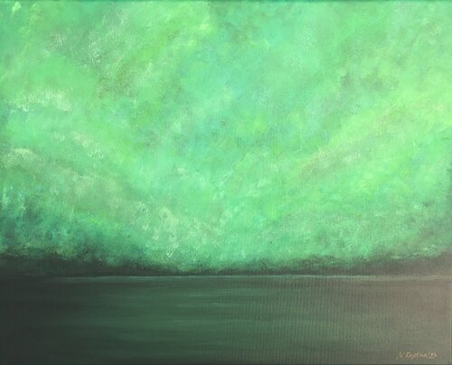 Green lake in summer - minimalistic seascape, water, horizont, mountains von Nataliia Krykun, Malerei kaufen auf Singulart