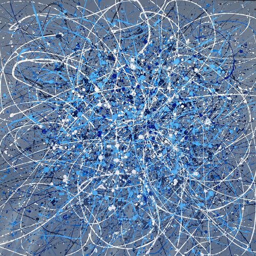 Blue gray Galaxy- dripping, dots abstraction van Nataliia Krykun, Schilderij te koop op Singulart