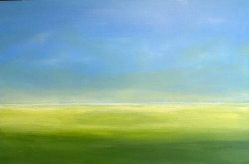 Rape Field, minimalism landscape blue sky, green field van Nataliia Krykun, Schilderij te koop op Singulart
