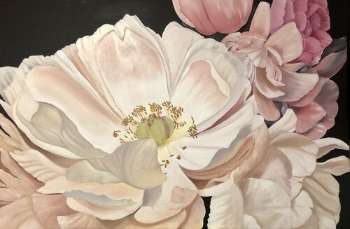 Calm white Peonies, Peach Fuzz von Nataliia Krykun, Malerei kaufen auf Singulart