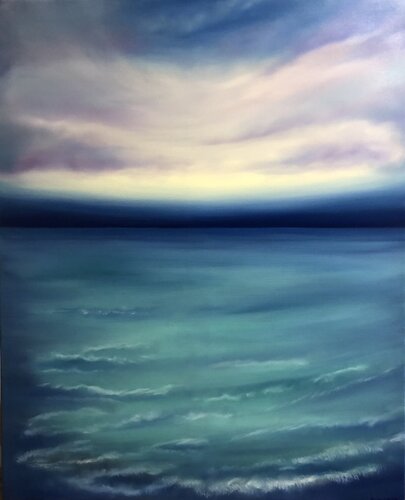 Côte d'Azur , Marine, seascape. Sunset, skyline, turquoise waves van Nataliia Krykun, Schilderij te koop op Singulart