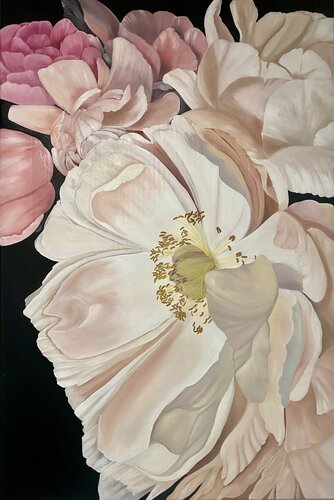 Peonies calm white sandy peach color, Peach Fuzz von Nataliia Krykun, Malerei kaufen auf Singulart