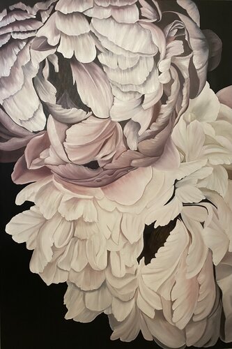 Peonies “Evening shadows” on black background, Peach Fuzz de Nataliia Krykun, Pintura a la venta en Singulart
