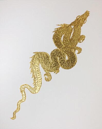 Golden dragon on white - 3D plaster, gold leafing, minimalistic von Nataliia Krykun, Malerei kaufen auf Singulart