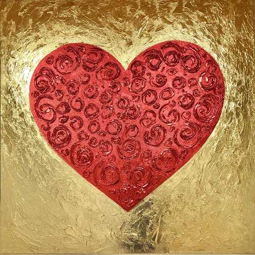 Red Heart on gold - 3D love, Amour, Amore red, gold leafing minimalism Pop Art von Nataliia Krykun, Malerei kaufen auf Singulart