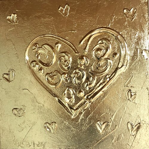 Flowers on golden heart - Love, Amour, Liebe 3D plaster von Nataliia Krykun, Malerei kaufen auf Singulart
