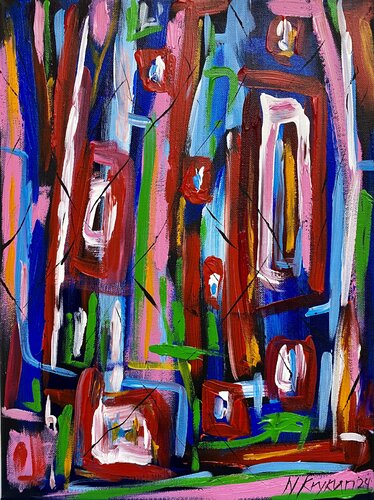 Flower series - spring gardens, blue violet pink exspressionism par Nataliia Krykun, Peinture en vente sur Singulart